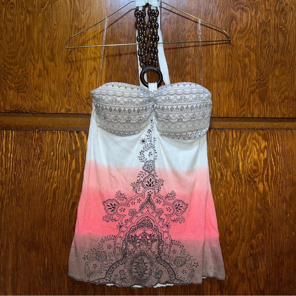 Almost Famous Boho Beaded Neck Tie Wrap Summer Tank Top sz L